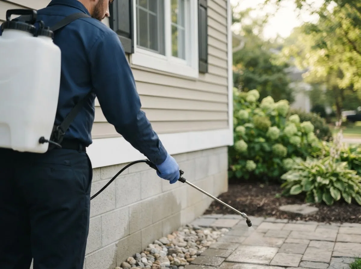 Pest control technician inspecting a home in Almena, WI